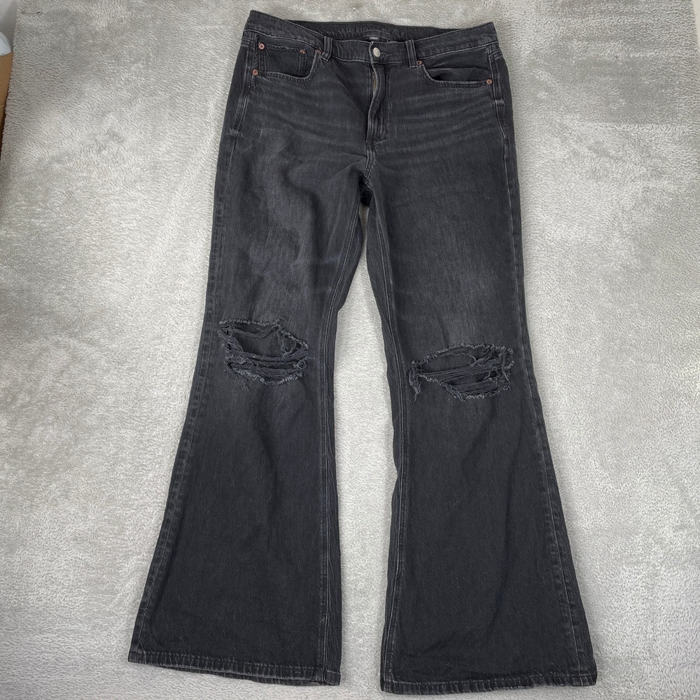American Eagle Strigid Flare Jeans Womens 12 Long Black Distressed High Waisted